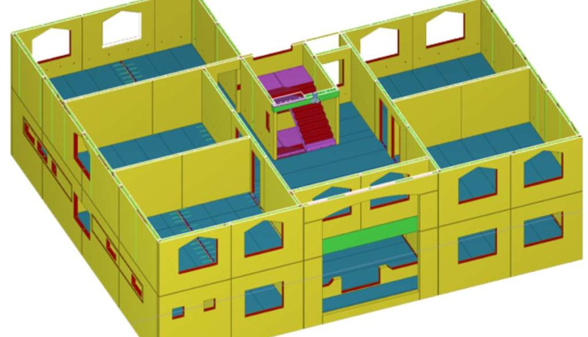 3D architectural model showing boundary walls and structural layout for residential building design