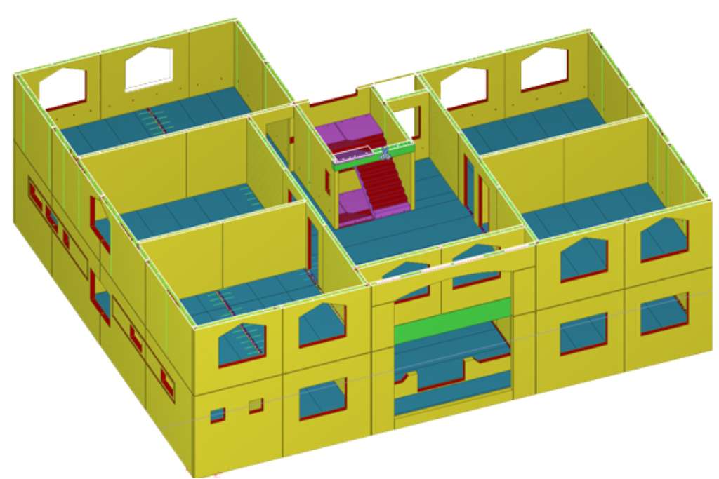 3D architectural model showing boundary walls and structural layout for residential building design