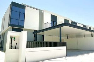 Precast wall panels forming elegant facade of luxury villa with modern architectural design elements