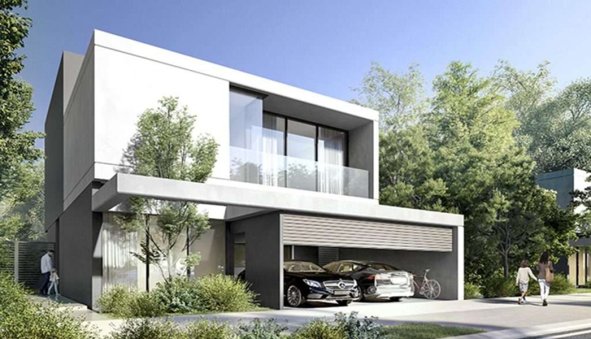 Modern luxury villas at Phase 1 of Masaar community in Sharjah surrounded by greenery and contemporary design