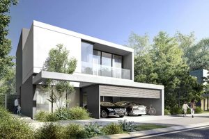 Modern luxury villas at Phase 1 of Masaar community in Sharjah surrounded by greenery and contemporary design