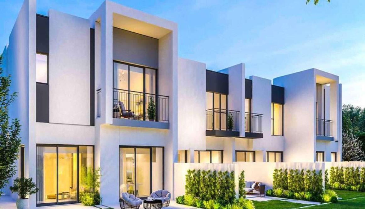 Modern townhouses at Villa Nova La Rosa community in Dubai with landscaped gardens and contemporary architecture