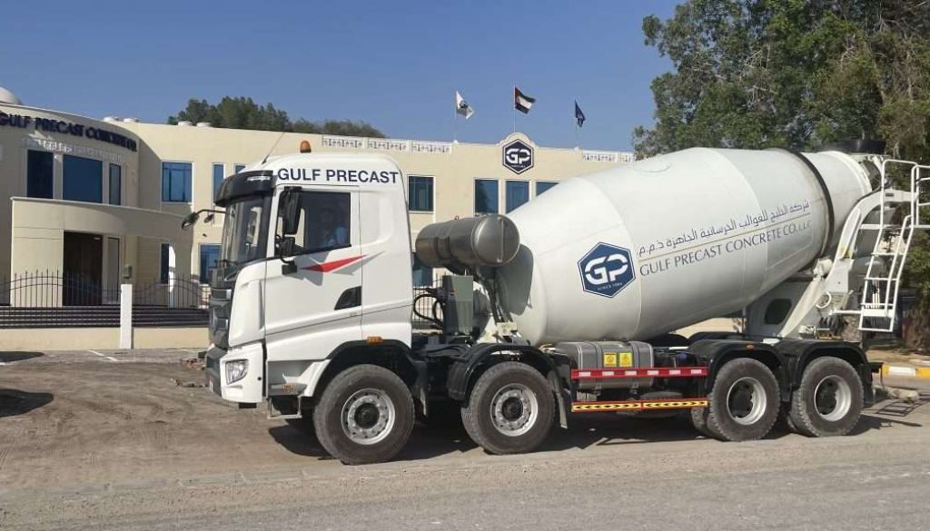 new SANY concrete mixer truck parked in front of Gulf precast office ready to join the construction fleet